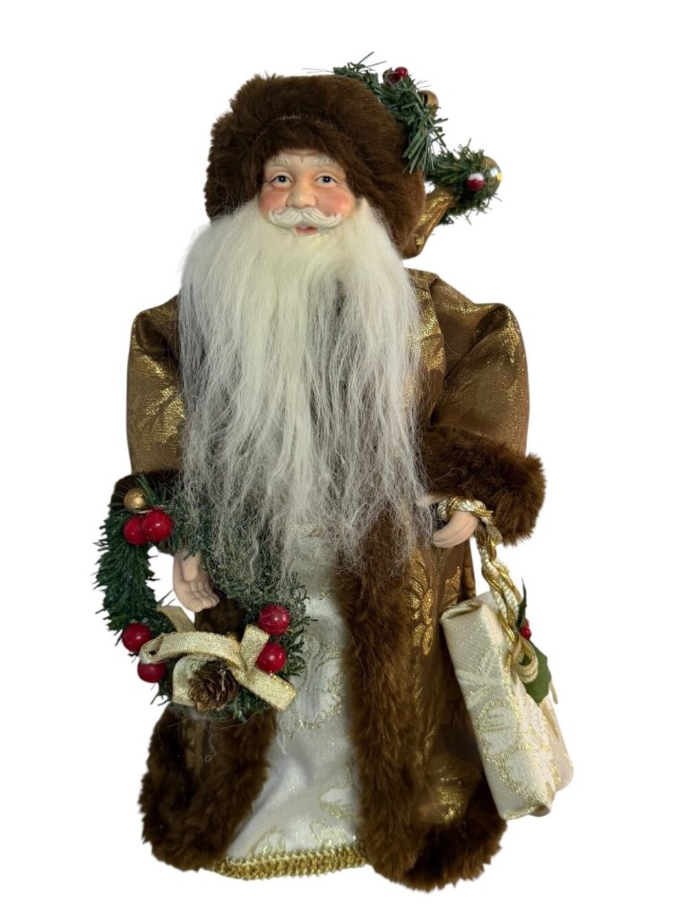 Vintage 16 Inch Santa Christmas Tree Topper Brown Gold Brocade Wreath Gift Bag